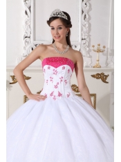 White and Hot Pink Ball Gown Strapless Floor-length Organza Beading and Embroidery Quinceanera Dress