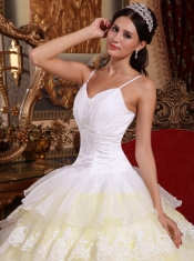 White and Light Yellow Spaghetti Straps Organza Lace Appliques Ball Gown Quinceanera Dress