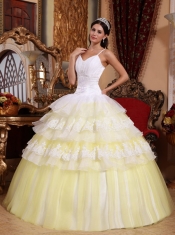 White and Light Yellow Spaghetti Straps Organza Lace Appliques Ball Gown Quinceanera Dress