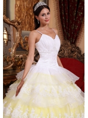 White and Light Yellow Spaghetti Straps Organza Lace Appliques Ball Gown Quinceanera Dress