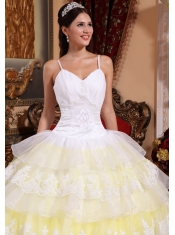 White and Light Yellow Spaghetti Straps Organza Lace Appliques Ball Gown Quinceanera Dress