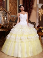 White and Light Yellow Spaghetti Straps Organza Lace Appliques Ball Gown Quinceanera Dress