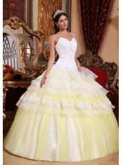 White and Light Yellow Spaghetti Straps Organza Lace Appliques Ball Gown Quinceanera Dress