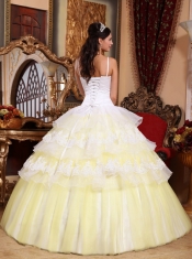 White and Light Yellow Spaghetti Straps Organza Lace Appliques Ball Gown Quinceanera Dress