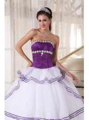 White and Purple Ball Gown Strapless Floor-length Organza Appliques Quinceanera Dress