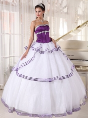 White and Purple Ball Gown Strapless Floor-length Organza Appliques Quinceanera Dress