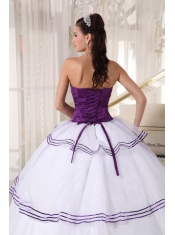 White and Purple Ball Gown Strapless Floor-length Organza Appliques Quinceanera Dress