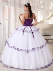 White and Purple Ball Gown Strapless Floor-length Organza Appliques Quinceanera Dress