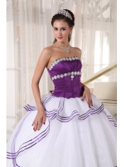 White and Purple Ball Gown Strapless Floor-length Organza Appliques Quinceanera Dress