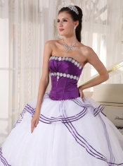 White and Purple Ball Gown Strapless Floor-length Organza Appliques Quinceanera Dress