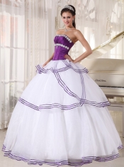 White and Purple Ball Gown Strapless Floor-length Organza Appliques Quinceanera Dress