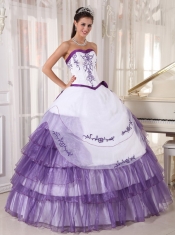 White and Purple Ball Gown Sweetheart Floor-length Satin and Organza Embroidery Quinceanera Dress