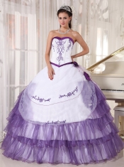 White and Purple Ball Gown Sweetheart Floor-length Satin and Organza Embroidery Quinceanera Dress