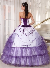 White and Purple Ball Gown Sweetheart Floor-length Satin and Organza Embroidery Quinceanera Dress