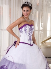 White and Purple Ball Gown Sweetheart Floor-length Satin and Organza Embroidery Quinceanera Dress