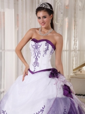 White and Purple Ball Gown Sweetheart Floor-length Satin and Organza Embroidery Quinceanera Dress