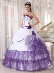 White and Purple Ball Gown Sweetheart Floor-length Satin and Organza Embroidery Quinceanera Dress