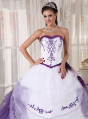White and Purple Ball Gown Sweetheart Floor-length Satin and Organza Embroidery Quinceanera Dress