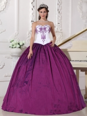 White and Purple Ball Gown Sweetheart Floor-length Taffeta Embroidery Quinceanera Dress