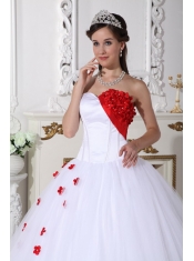 White and Red Ball Gown Sweetheart Floor-length Satin and Tulle Appliques Quinceanera Dress