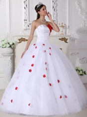 White and Red Ball Gown Sweetheart Floor-length Satin and Tulle Appliques Quinceanera Dress