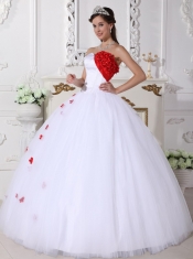 White and Red Ball Gown Sweetheart Floor-length Satin and Tulle Appliques Quinceanera Dress
