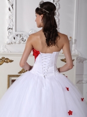 White and Red Ball Gown Sweetheart Floor-length Satin and Tulle Appliques Quinceanera Dress