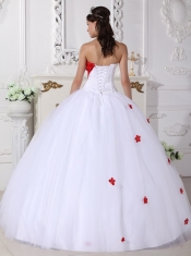 White and Red Ball Gown Sweetheart Floor-length Satin and Tulle Appliques Quinceanera Dress