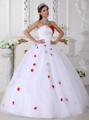 White and Red Ball Gown Sweetheart Floor-length Satin and Tulle Appliques Quinceanera Dress