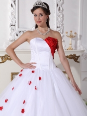 White and Red Ball Gown Sweetheart Floor-length Satin and Tulle Appliques Quinceanera Dress