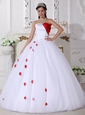 White and Red Ball Gown Sweetheart Floor-length Satin and Tulle Appliques Quinceanera Dress