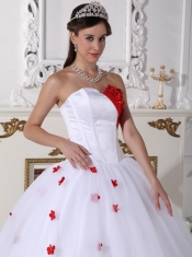 White and Red Ball Gown Sweetheart Floor-length Satin and Tulle Appliques Quinceanera Dress