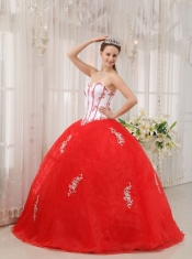 White and Red Ball Gown Sweetheart Floor-length Taffeta and Organza Appliques Quinceanera Dress