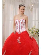 White and Red Ball Gown Sweetheart Floor-length Taffeta and Organza Appliques Quinceanera Dress