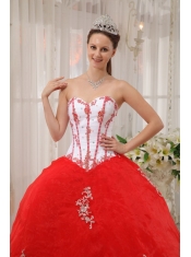 White and Red Ball Gown Sweetheart Floor-length Taffeta and Organza Appliques Quinceanera Dress