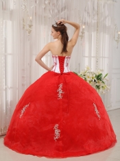 White and Red Ball Gown Sweetheart Floor-length Taffeta and Organza Appliques Quinceanera Dress