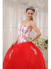 White and Red Ball Gown Sweetheart Floor-length Taffeta and Organza Appliques Quinceanera Dress