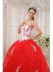 White and Red Ball Gown Sweetheart Floor-length Taffeta and Organza Appliques Quinceanera Dress