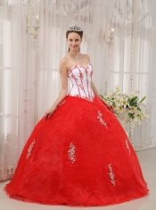 White and Red Ball Gown Sweetheart Floor-length Taffeta and Organza Appliques Quinceanera Dress