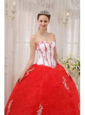 White and Red Ball Gown Sweetheart Floor-length Taffeta and Organza Appliques Quinceanera Dress