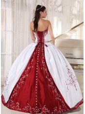 White And Wine Red Ball Gown Strapless Floor-length Satin Embroidery Quinceanera Dress