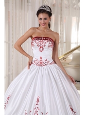 White And Wine Red Ball Gown Strapless Floor-length Satin Embroidery Quinceanera Dress