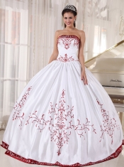 White And Wine Red Ball Gown Strapless Floor-length Satin Embroidery Quinceanera Dress