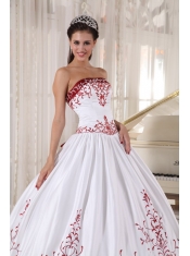 White And Wine Red Ball Gown Strapless Floor-length Satin Embroidery Quinceanera Dress