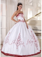 White And Wine Red Ball Gown Strapless Floor-length Satin Embroidery Quinceanera Dress