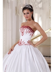 White And Wine Red Ball Gown Strapless Floor-length Satin Embroidery Quinceanera Dress