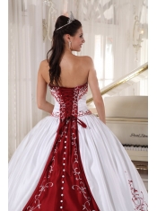 White And Wine Red Ball Gown Strapless Floor-length Satin Embroidery Quinceanera Dress