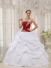 White and Wine Red Ball Gown Strapless Floor-length Taffeta and Organza Appliques Quinceanera Dress