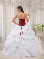 White and Wine Red Ball Gown Strapless Floor-length Taffeta and Organza Appliques Quinceanera Dress