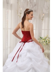 White and Wine Red Ball Gown Strapless Floor-length Taffeta and Organza Appliques Quinceanera Dress